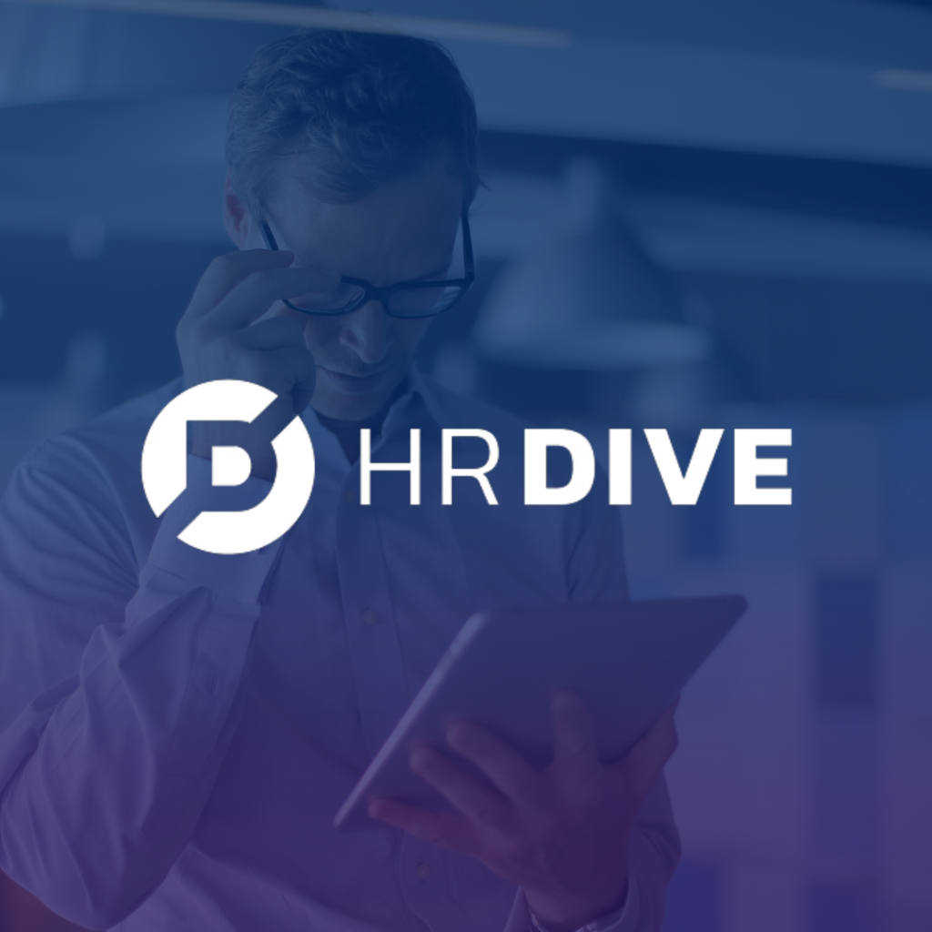 HR Dive website logo on top of image of professional man reading tablet